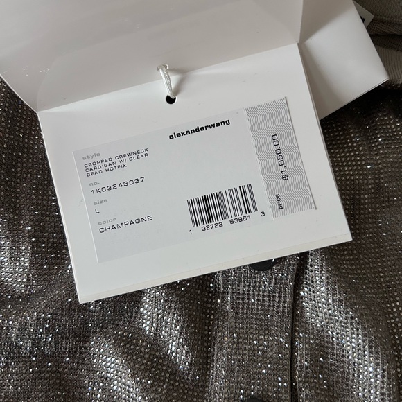 NWT Alexander Wang Hotfix Embellishments Cropped Crewneck Cardigan L Champagne - Picture 8 of 17